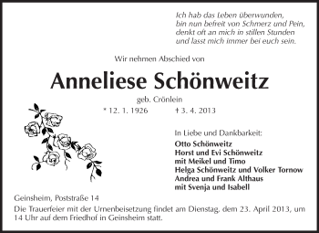 Traueranzeige von Anneliese Schönweitz von Rüsselsheimer Echo, Groß-Gerauer-Echo, Ried Echo