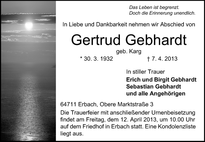  Traueranzeige für Gertrud Gebhardt vom 09.04.2013 aus Odenwälder Echo