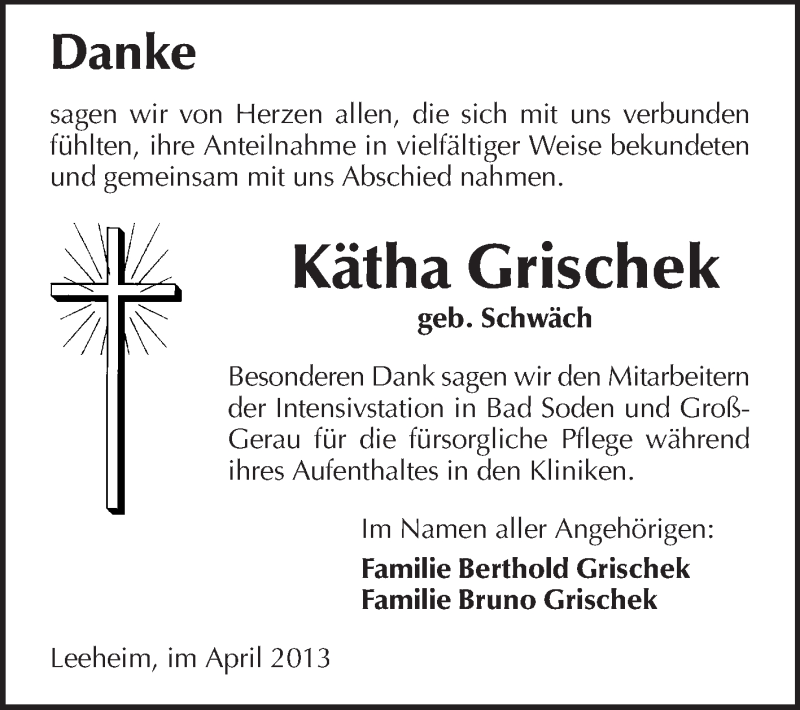  Traueranzeige für Kätha Grischek vom 10.04.2013 aus Rüsselsheimer Echo, Groß-Gerauer-Echo, Ried Echo