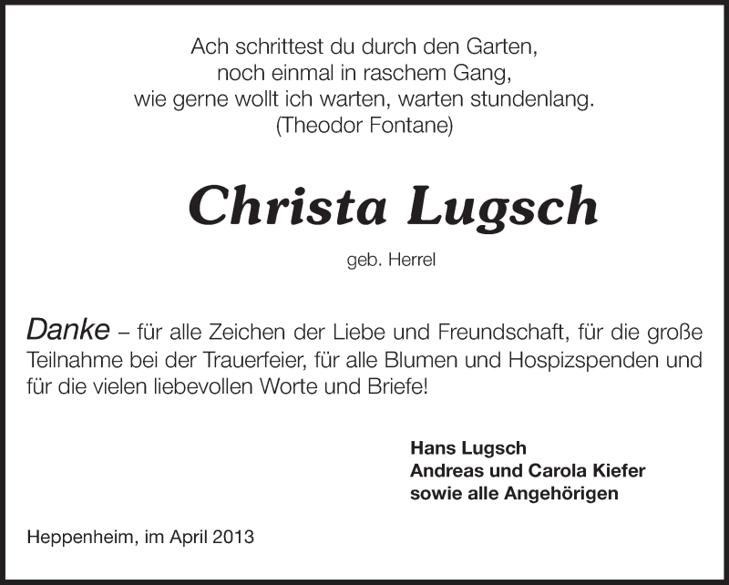  Traueranzeige für Christa Lugsch vom 13.04.2013 aus Starkenburger Echo