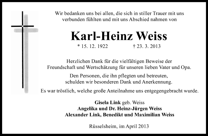  Traueranzeige für Karl-Heinz Weiss vom 11.04.2013 aus Rüsselsheimer Echo, Groß-Gerauer-Echo, Ried Echo