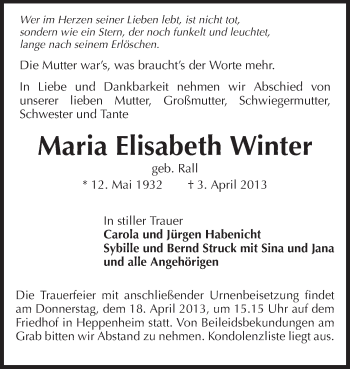 Traueranzeige von Maria Elisabeth Winter  von Starkenburger Echo