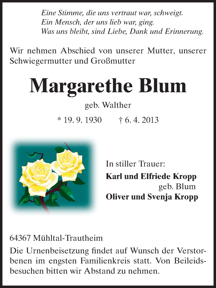  Traueranzeige für Margarethe Blum vom 13.04.2013 aus Echo-Zeitungen (Gesamtausgabe)