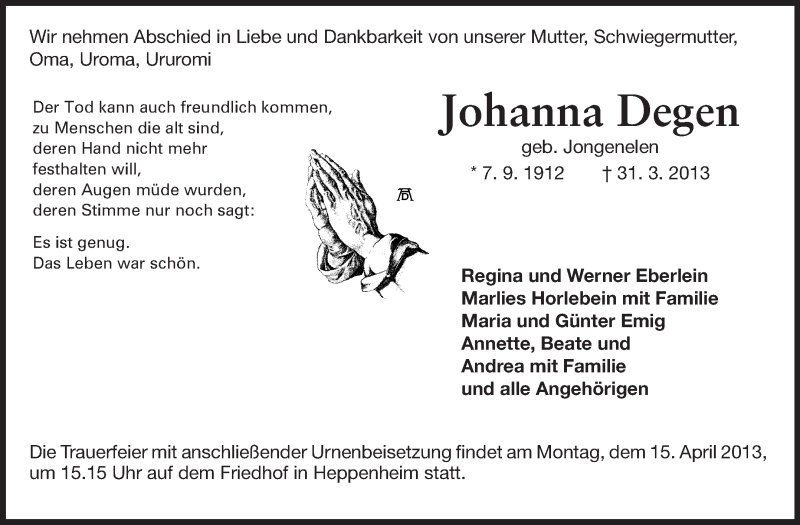  Traueranzeige für Johanna Degen vom 12.04.2013 aus Starkenburger Echo, Bergsträßer Anzeiger