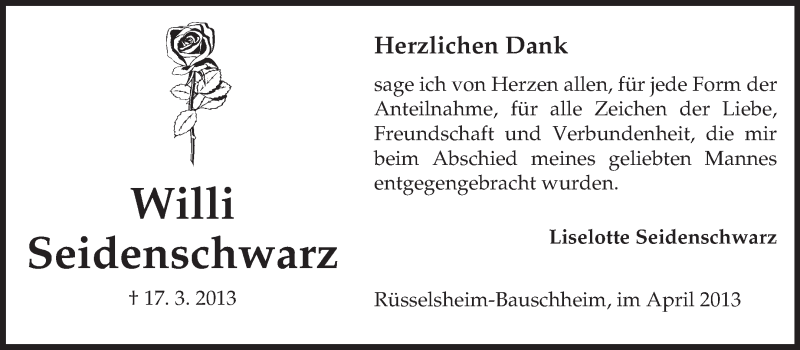  Traueranzeige für Willi Seidenschwarz vom 12.04.2013 aus Rüsselsheimer Echo, Groß-Gerauer-Echo, Ried Echo