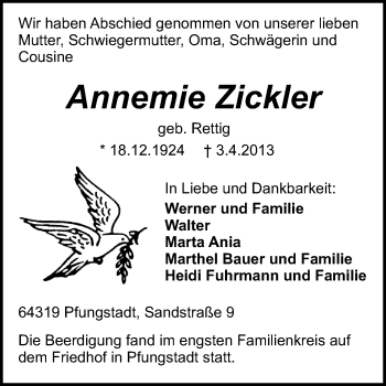 Traueranzeige von Annemie Zickler von Echo-Zeitungen (Gesamtausgabe)