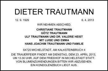 Traueranzeige von Dieter Trautmann von Odenwälder Echo