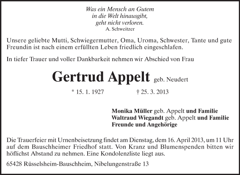  Traueranzeige für Gertrud Appelt vom 12.04.2013 aus Rüsselsheimer Echo, Groß-Gerauer-Echo, Ried Echo