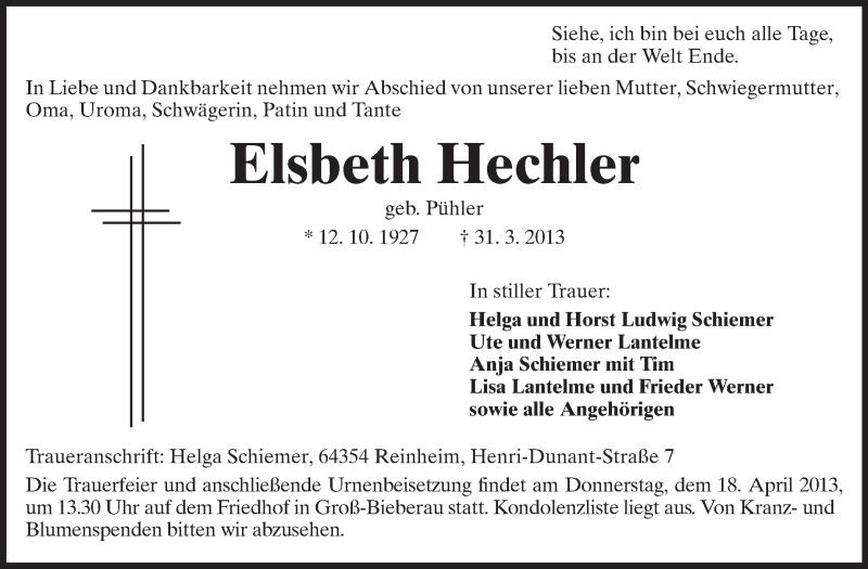  Traueranzeige für Elsbeth Hechler vom 13.04.2013 aus Echo-Zeitungen (Gesamtausgabe)