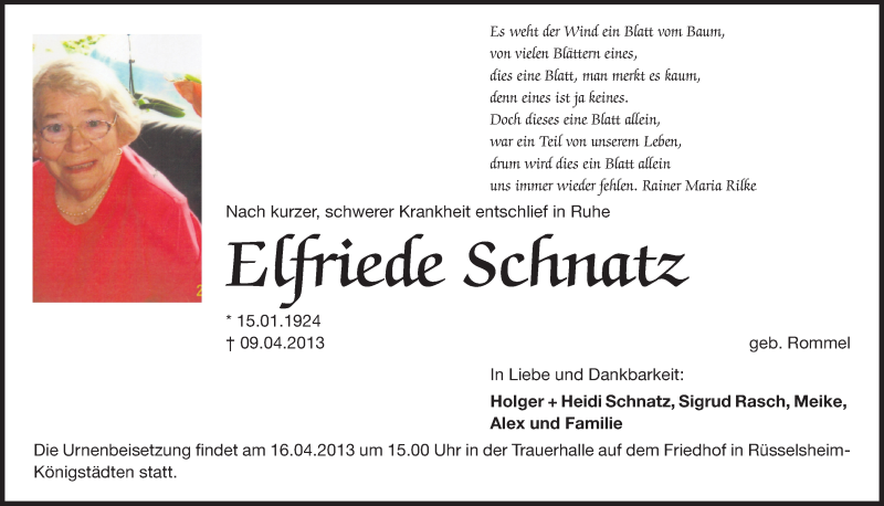  Traueranzeige für Elfriede Schnatz vom 13.04.2013 aus Rüsselsheimer Echo, Groß-Gerauer-Echo, Ried Echo