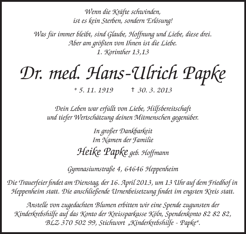  Traueranzeige für Hans-Ulrich Papke vom 13.04.2013 aus Starkenburger Echo