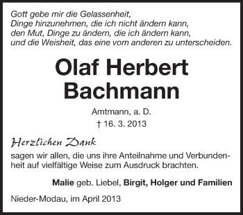 Traueranzeige von Olaf Herbert Bachmann von Echo-Zeitungen (Gesamtausgabe)