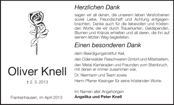 Traueranzeige von Oliver Knell von Echo-Zeitungen (Gesamtausgabe)