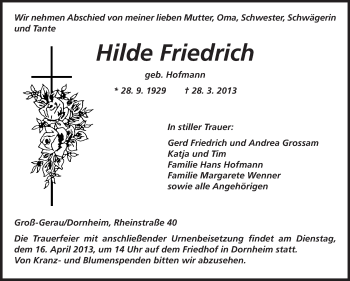 Traueranzeige von Hilde Friedrich von Rüsselsheimer Echo, Groß-Gerauer-Echo, Ried Echo