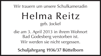 Traueranzeige von Helma Reitz von Rüsselsheimer Echo, Groß-Gerauer-Echo, Ried Echo