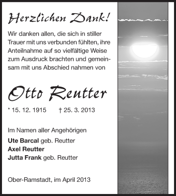 Traueranzeige von Otto Reutter von Echo-Zeitungen (Gesamtausgabe)