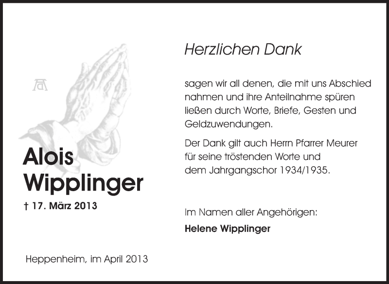  Traueranzeige für Alois Wipplinger vom 12.04.2013 aus Starkenburger Echo