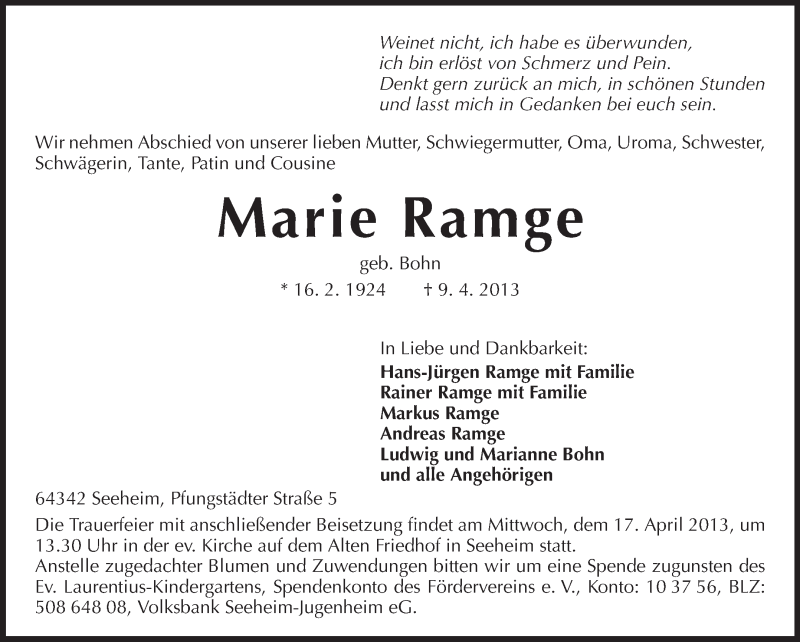  Traueranzeige für Marie Ramge vom 13.04.2013 aus Echo-Zeitungen (Gesamtausgabe)