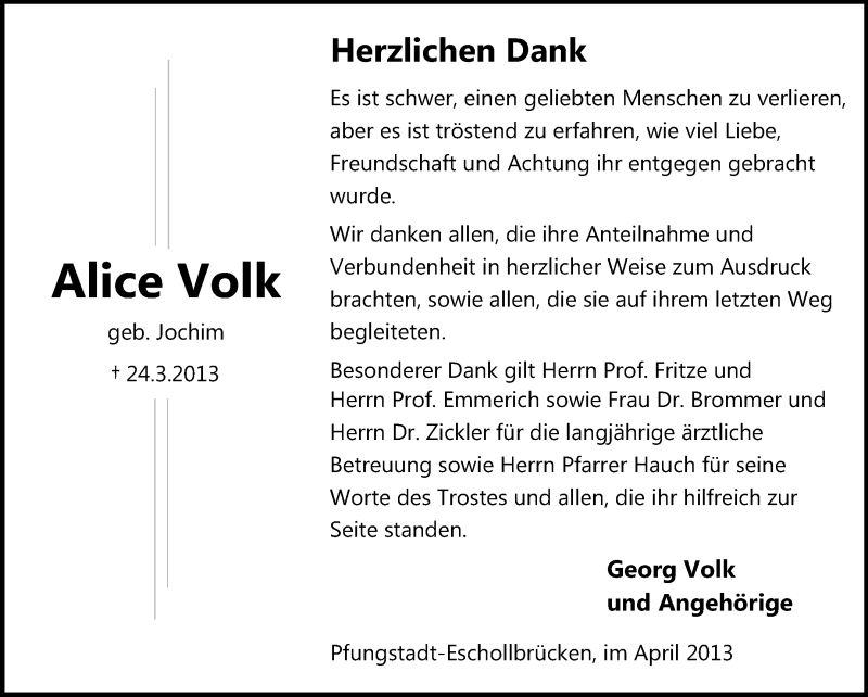  Traueranzeige für Alice Volk vom 13.04.2013 aus Echo-Zeitungen (Gesamtausgabe)