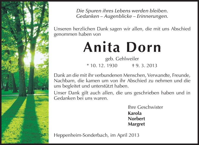  Traueranzeige für Anita Dorn vom 15.04.2013 aus Starkenburger Echo