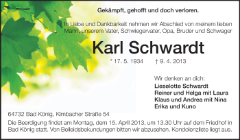 Traueranzeige von Karl Schwardt von Odenwälder Echo