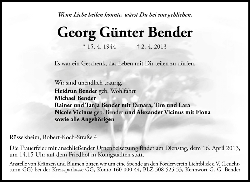  Traueranzeige für Georg Günter Bender vom 13.04.2013 aus Rüsselsheimer Echo, Groß-Gerauer-Echo, Ried Echo
