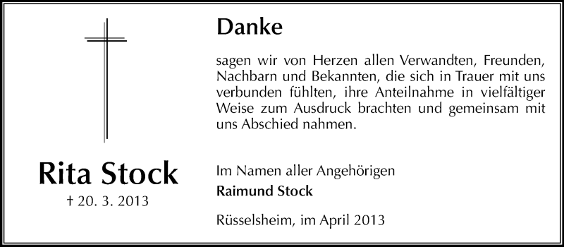  Traueranzeige für Rita Stock vom 13.04.2013 aus Rüsselsheimer Echo, Groß-Gerauer-Echo, Ried Echo