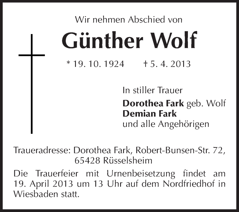  Traueranzeige für Günter Wolf vom 13.04.2013 aus Rüsselsheimer Echo, Groß-Gerauer-Echo, Ried Echo