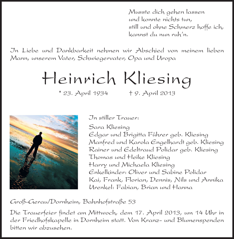  Traueranzeige für Heinrich Kliesing vom 15.04.2013 aus Rüsselsheimer Echo, Groß-Gerauer-Echo, Ried Echo