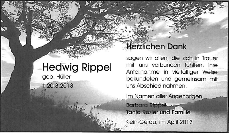  Traueranzeige für Hedwig Rippel vom 13.04.2013 aus Rüsselsheimer Echo, Groß-Gerauer-Echo, Ried Echo