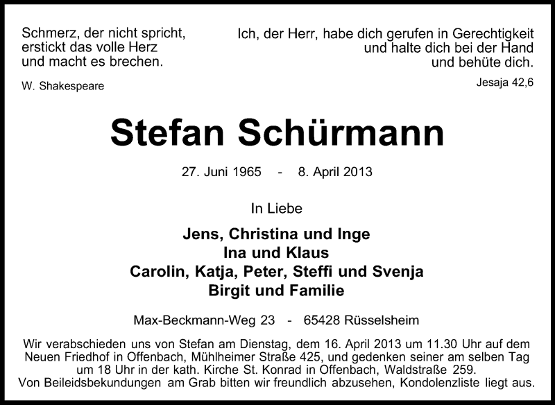  Traueranzeige für Stefan Schürmann vom 13.04.2013 aus Rüsselsheimer Echo, Groß-Gerauer-Echo, Ried Echo
