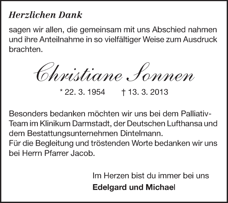  Traueranzeige für Christiane Sonnen vom 13.04.2013 aus Echo-Zeitungen (Gesamtausgabe)