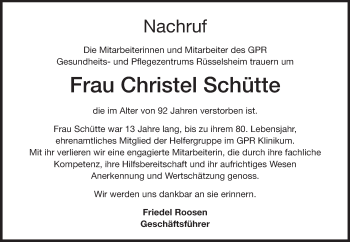 Traueranzeige von Christel Schütte von Rüsselsheimer Echo, Groß-Gerauer-Echo, Ried Echo