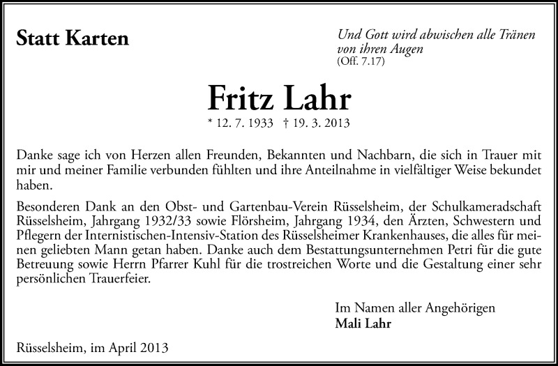  Traueranzeige für Fritz Lahr vom 13.04.2013 aus Rüsselsheimer Echo, Groß-Gerauer-Echo, Ried Echo