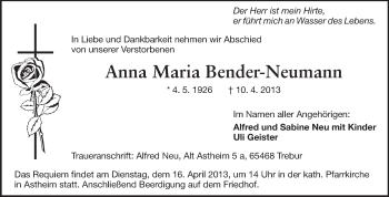 Traueranzeige von Anna Maria Bender-Neumann von Rüsselsheimer Echo, Groß-Gerauer-Echo, Ried Echo