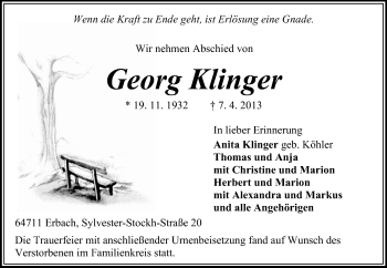 Traueranzeige von Georg Klinger von Odenwälder Echo