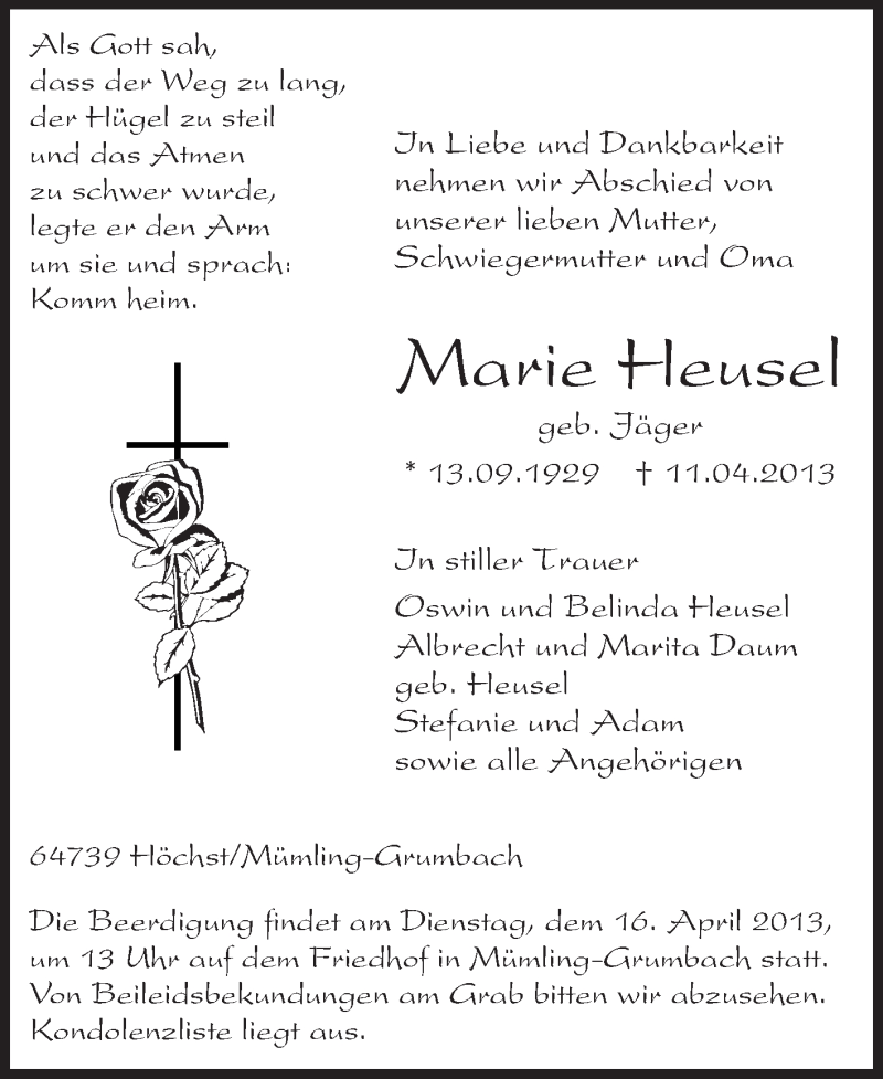  Traueranzeige für Marie Heusel vom 15.04.2013 aus Odenwälder Echo