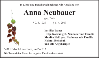 Traueranzeige von Anna Neubauer von Odenwälder Echo