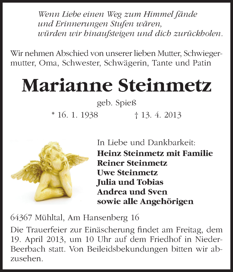  Traueranzeige für Marianne Steinmetz vom 17.04.2013 aus Echo-Zeitungen (Gesamtausgabe)