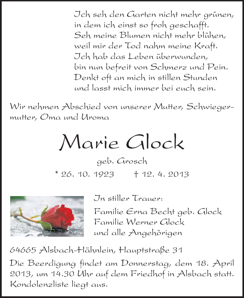  Traueranzeige für Marie Glock vom 16.04.2013 aus Echo-Zeitungen (Gesamtausgabe)