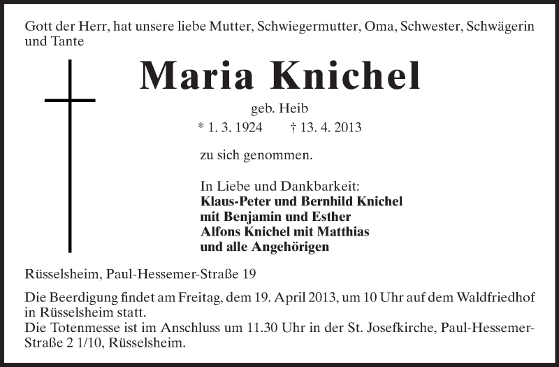  Traueranzeige für Maria Knichel vom 16.04.2013 aus Rüsselsheimer Echo, Groß-Gerauer-Echo, Ried Echo