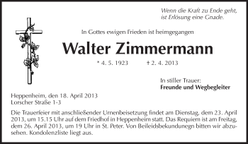 Traueranzeige von Walter Zimmermann von Starkenburger Echo