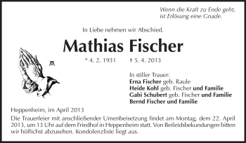 Traueranzeige von Mathias Fischer von Starkenburger Echo