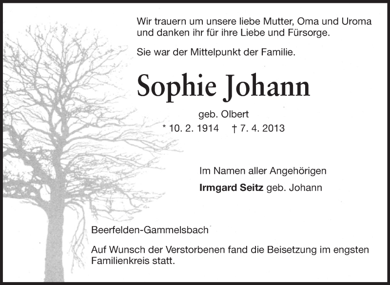  Traueranzeige für Sophie Johann vom 16.04.2013 aus Odenwälder Echo