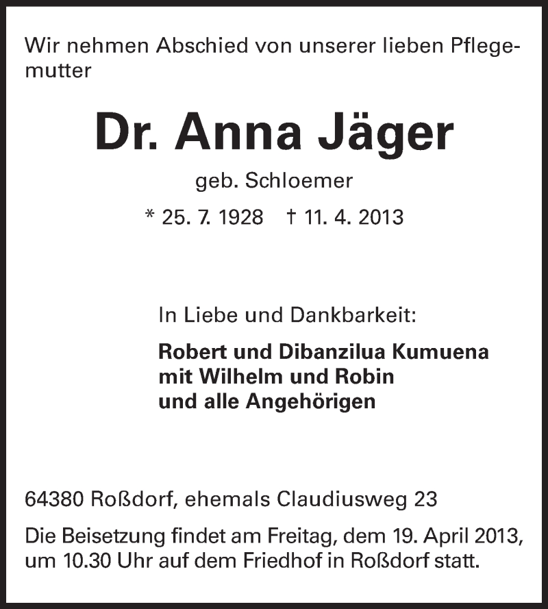  Traueranzeige für Anna Jäger vom 16.04.2013 aus Echo-Zeitungen (Gesamtausgabe)