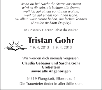 Traueranzeige von Tristan Gohr von Echo-Zeitungen (Gesamtausgabe)