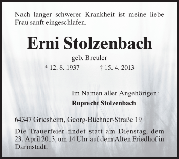Traueranzeige von Erni Stolzenbach von Echo-Zeitungen (Gesamtausgabe)