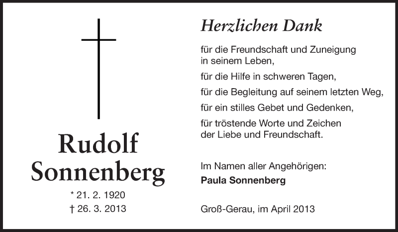  Traueranzeige für Rudolf Sonnenberg vom 20.04.2013 aus Rüsselsheimer Echo, Groß-Gerauer-Echo, Ried Echo
