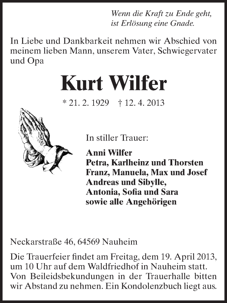  Traueranzeige für Kurt Wilfer vom 17.04.2013 aus Rüsselsheimer Echo, Groß-Gerauer-Echo, Ried Echo