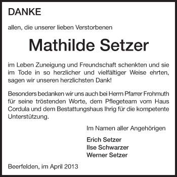 Traueranzeige von Mathilde Setzer von Odenwälder Echo
